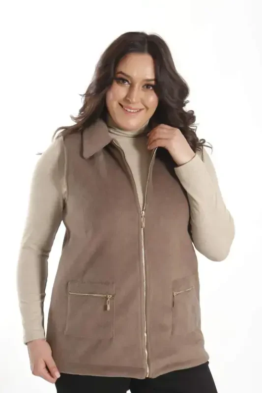 Trend42plus Katta Urchamli Fermuarli Cho'ntak Tafsilotli Kaşmir Vizon Jilet - BÜYÜKBEDENIZ