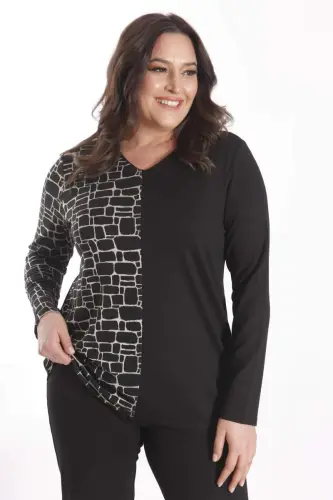 Trend42plus Katta Urchamli V Yoqali Naqshli Qora Bluza - 3