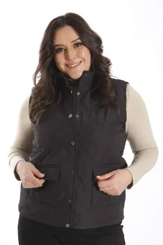 Trend42plus Large Snap Button Quilted Black Vest - BÜYÜKBEDENIZ