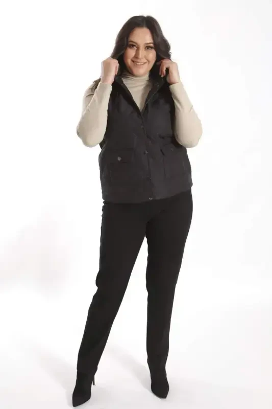 Trend42plus Large Snap Button Quilted Black Vest - 4