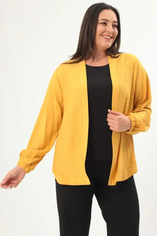Trend42plus Plus Size Back Stone Printed Oversize Mustard Jacket - 3