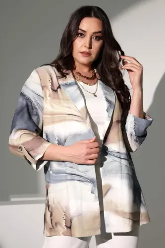Trend42plus Plus Size Batik Pattern Wrap Collar Grey Jacket - 7