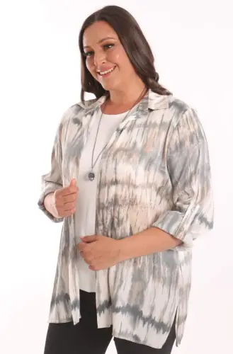 Trend42plus Plus Size Batik Patterned Glittery Shirt Blouse Powder Set - 1