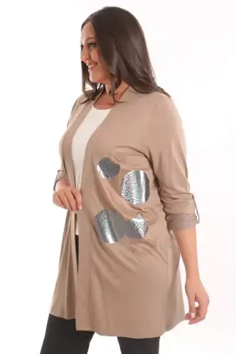 Trend42plus Plus Size Beige Circle Pattern Stone Printed Long Cardigan - 1