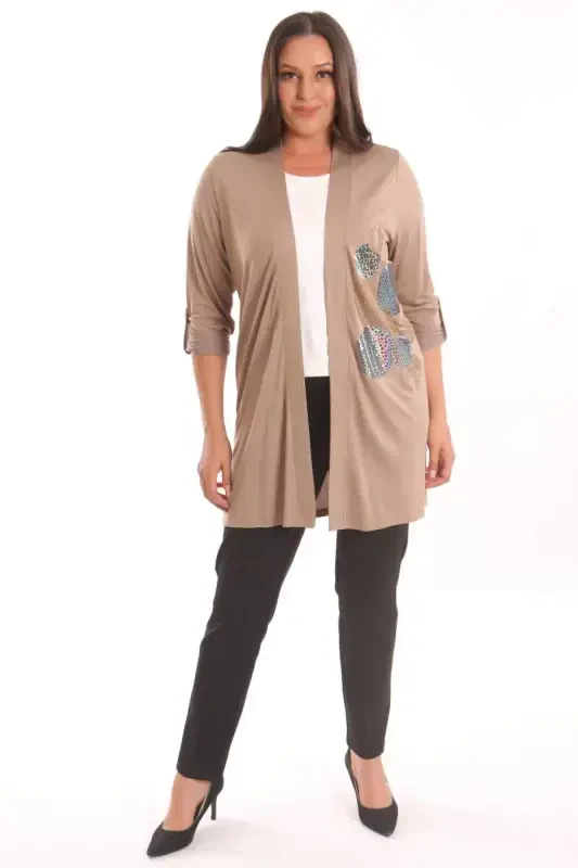 Trend42plus Plus Size Beige Circle Pattern Stone Printed Long Cardigan - 2