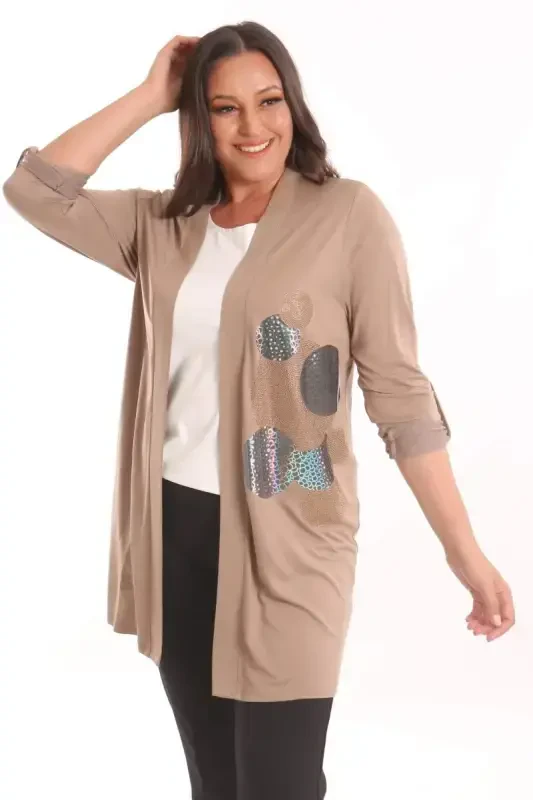 Trend42plus Plus Size Beige Circle Pattern Stone Printed Long Cardigan - 3