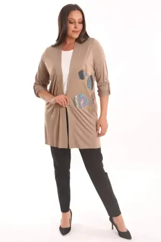 Trend42plus Plus Size Beige Circle Pattern Stone Printed Long Cardigan - 4