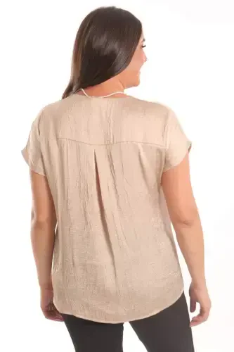 Trend42plus Plus Size Beige Crushed and Chain Detailed Satin Blouse - 5
