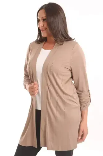 Trend42plus Plus Size Beige Stone Printed Long Cardigan - 1