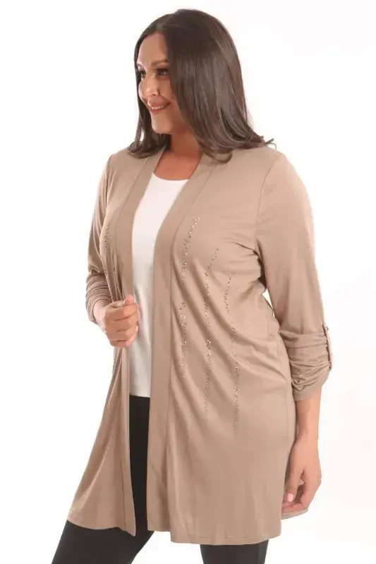 Trend42plus Plus Size Beige Stone Printed Long Cardigan - BÜYÜKBEDENIZ
