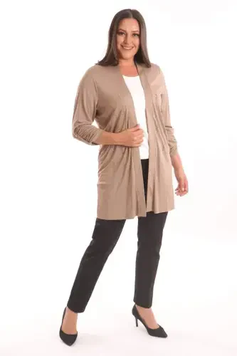 Trend42plus Plus Size Beige Stone Printed Long Cardigan - BÜYÜKBEDENIZ (1)