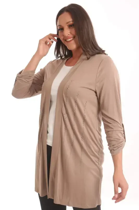 Trend42plus Plus Size Beige Stone Printed Long Cardigan - 3
