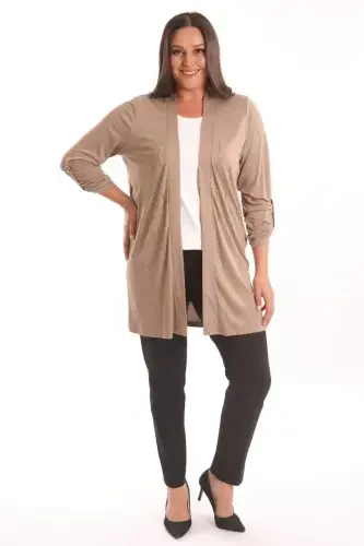 Trend42plus Plus Size Beige Stone Printed Long Cardigan - 4
