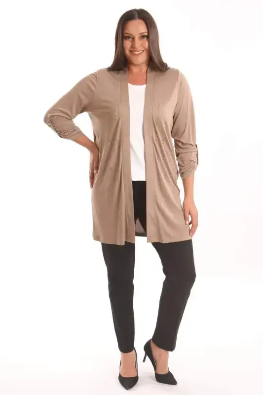 Trend42plus Plus Size Beige Stone Printed Long Cardigan - 4