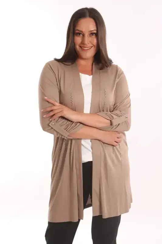 Trend42plus Plus Size Beige Stone Printed Long Cardigan - 5
