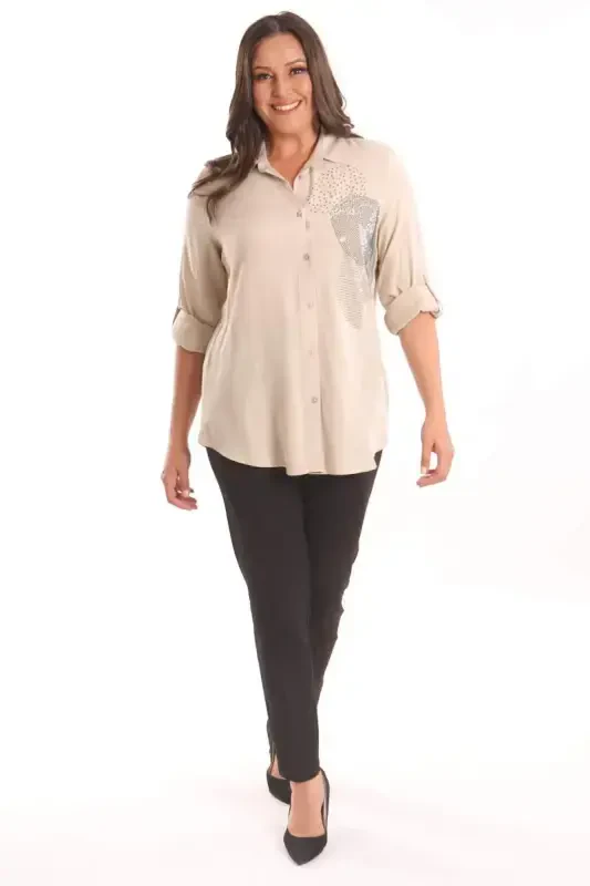 Trend42plus Plus Size Beige Stone Printed Woven Shirt - 2