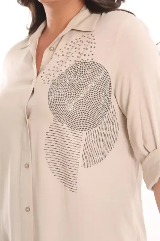 Trend42plus Plus Size Beige Stone Printed Woven Shirt - 5