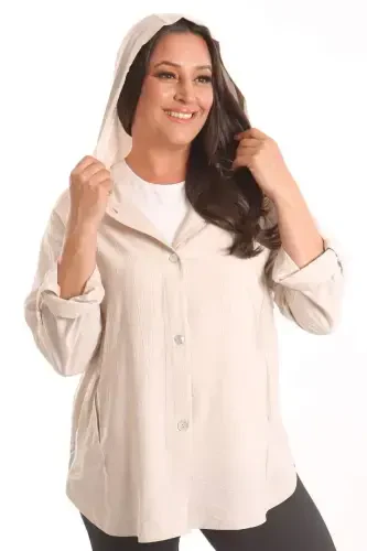Trend42plus Plus Size Beige Trench Coat with Hood and Button Detail - 1