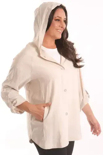 Trend42plus Plus Size Beige Trench Coat with Hood and Button Detail - 3
