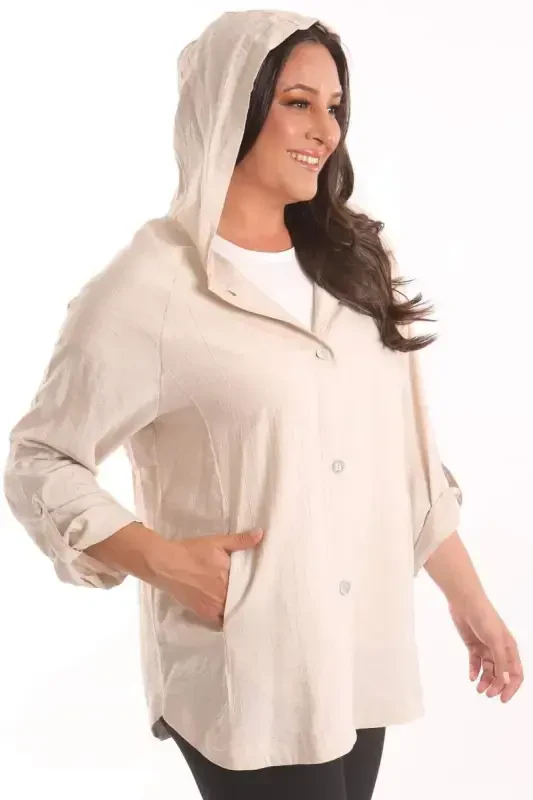 Trend42plus Plus Size Beige Trench Coat with Hood and Button Detail - 3