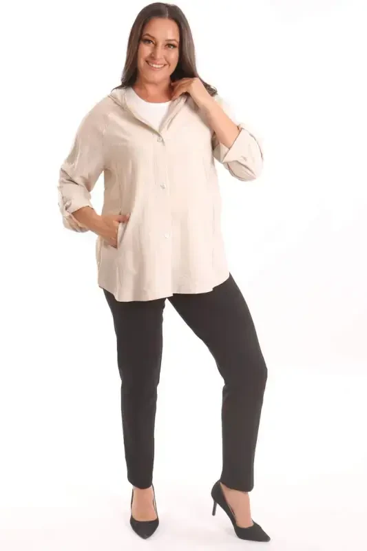 Trend42plus Plus Size Beige Trench Coat with Hood and Button Detail - 4