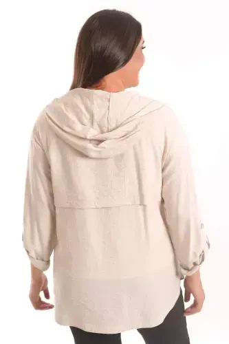 Trend42plus Plus Size Beige Trench Coat with Hood and Button Detail - 5