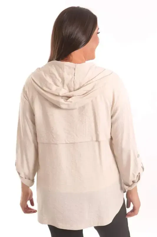 Trend42plus Plus Size Beige Trench Coat with Hood and Button Detail - 5