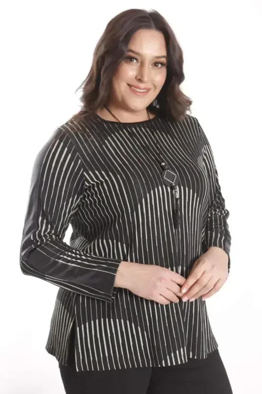 Trend42plus Plus Size Black Blouse with Leather Striped Sleeves - BÜYÜKBEDENIZ