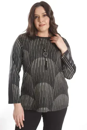 Trend42plus Plus Size Black Blouse with Leather Striped Sleeves - 3
