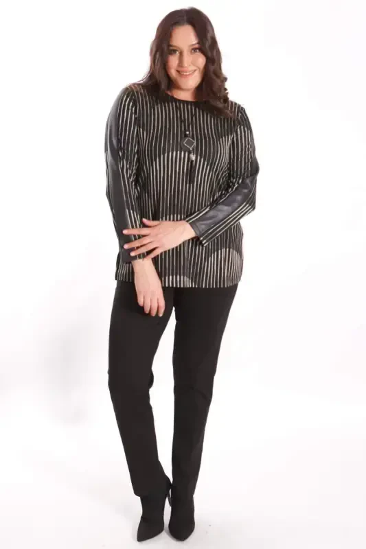 Trend42plus Plus Size Black Blouse with Leather Striped Sleeves - 4