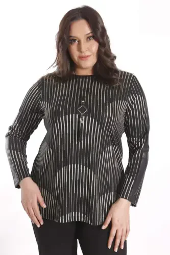 Trend42plus Plus Size Black Blouse with Leather Striped Sleeves - 5