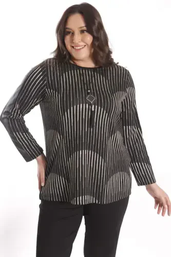 Trend42plus Plus Size Black Blouse with Leather Striped Sleeves - 6