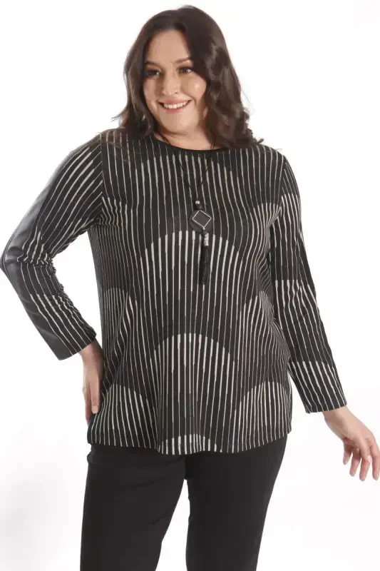 Trend42plus Plus Size Black Blouse with Leather Striped Sleeves - 6
