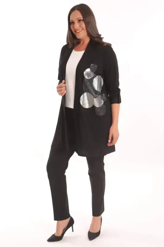 Trend42plus Plus Size Black Circle Pattern Stone Printed Long Cardigan - 1