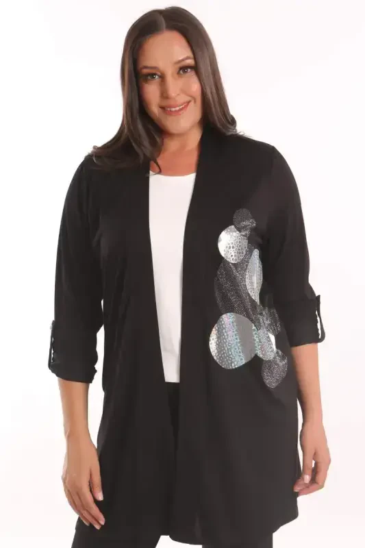 Trend42plus Plus Size Black Circle Pattern Stone Printed Long Cardigan - 2