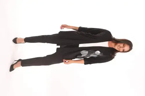 Trend42plus Plus Size Black Circle Pattern Stone Printed Long Cardigan - 3