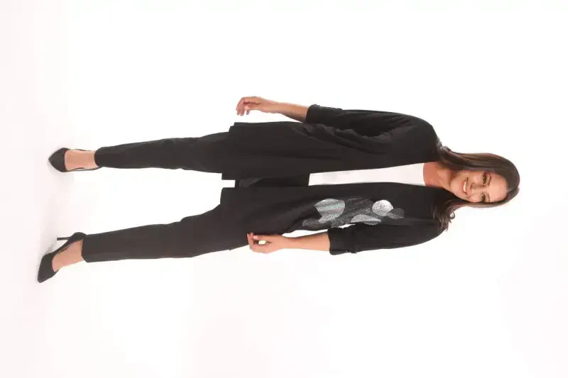 Trend42plus Plus Size Black Circle Pattern Stone Printed Long Cardigan - 3