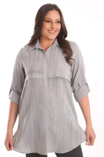 Trend42plus Plus Size Black Stone Printed Allerli Shirt - 1
