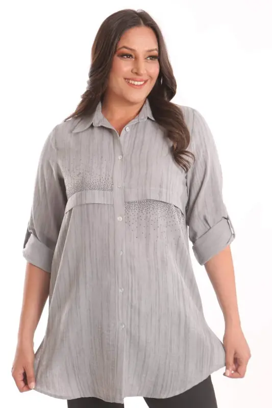Trend42plus Plus Size Black Stone Printed Allerli Shirt - 1