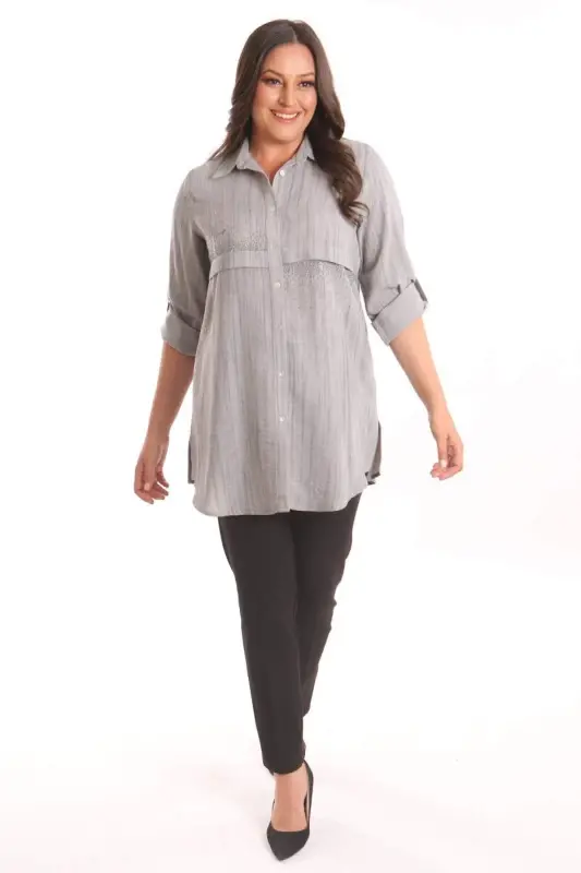 Trend42plus Plus Size Black Stone Printed Allerli Shirt - 2