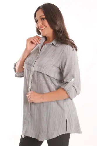 Trend42plus Plus Size Black Stone Printed Allerli Shirt - 3