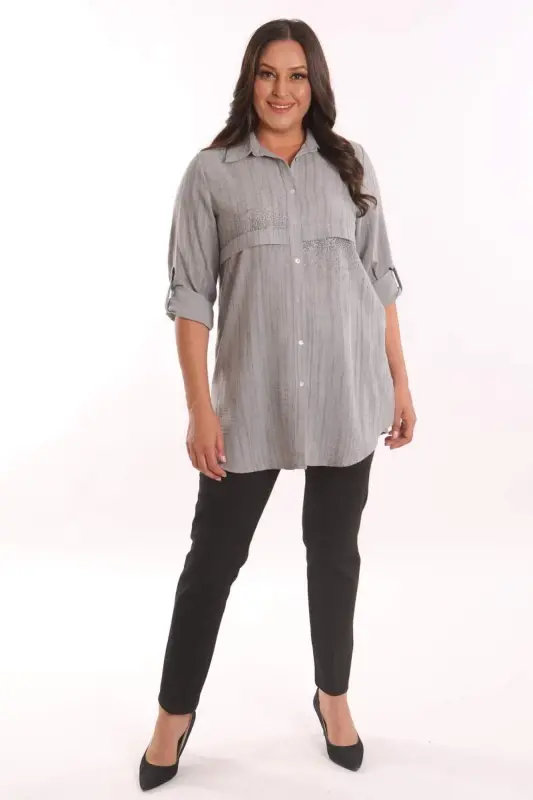 Trend42plus Plus Size Black Stone Printed Allerli Shirt - 4