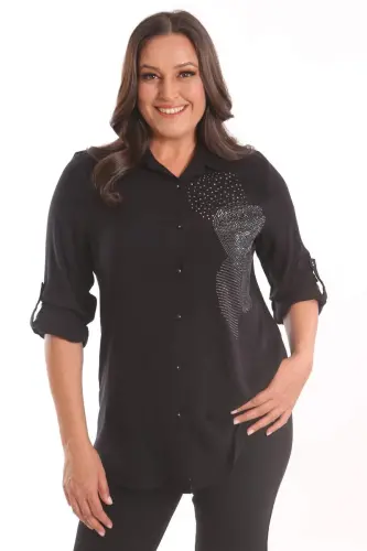 Trend42plus Plus Size Black Stone Printed Woven Shirt - 1