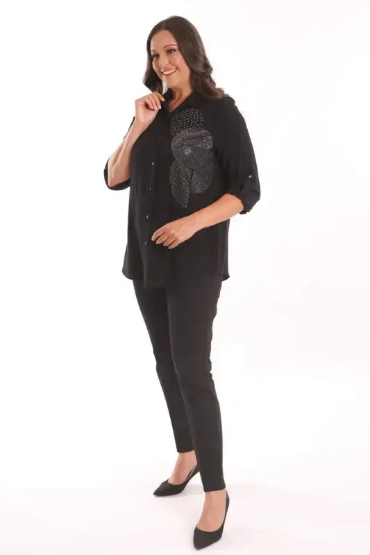 Trend42plus Plus Size Black Stone Printed Woven Shirt - 2