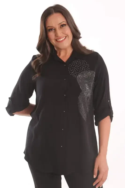 Trend42plus Plus Size Black Stone Printed Woven Shirt - 3