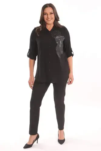 Trend42plus Plus Size Black Stone Printed Woven Shirt - 4