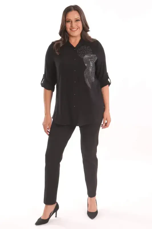 Trend42plus Plus Size Black Stone Printed Woven Shirt - 4