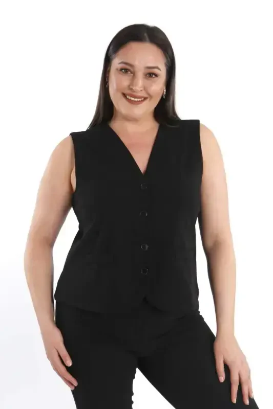 Trend42plus Plus Size Black Vest with Button Detail - BÜYÜKBEDENIZ