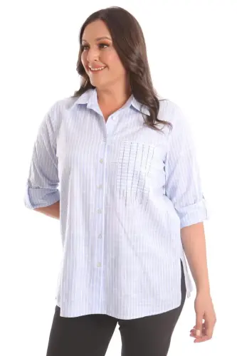 Trend42plus Plus Size Blue Pocket Stone Printed Striped Shirt - 4