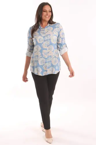Trend42plus Plus Size Blue Rose Patterned Viscose Shirt - 1